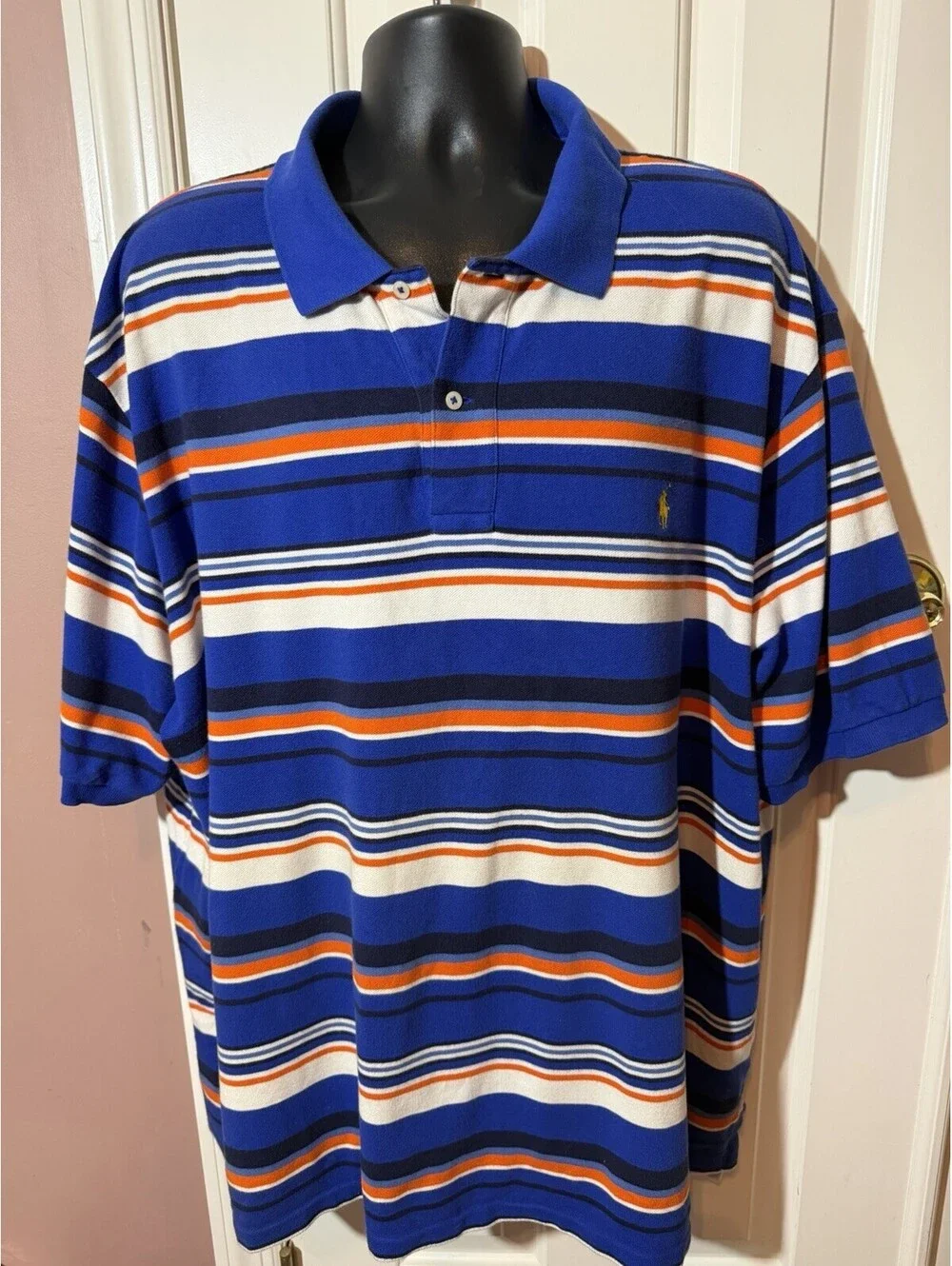 Polo Ralph Lauren Mens 3XB Big Blue Orange Striped Pique Polo Shirt Cotton